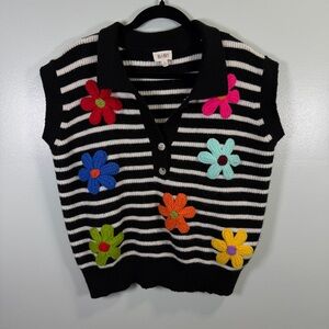 BiBi Black & White Striped V-Neck Sweater Vest with Colorful Flower Appliqués